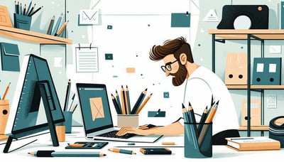 Illustration of a designer at work, surrounded by creative tools Illustration of a designer at work, surrounded by creative tools